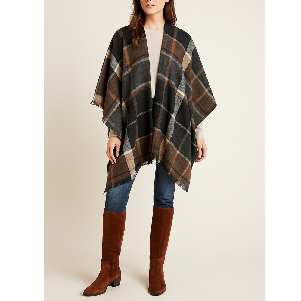 Codello Plaid Fringe Ruana Wrap Neutral Brown Black Gray Tan Cozy Fall Layer OS